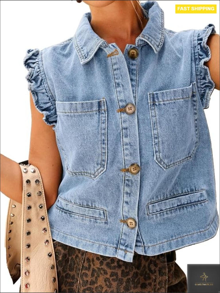 Sleeveless Ruffle Cuffed Cropped Denim Vest Trendy Y2k Streetwear